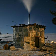 The ice sauna at night.