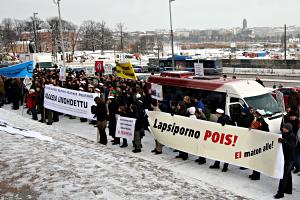 People demonstrating against Finnish Internet censorship in Helsinki.