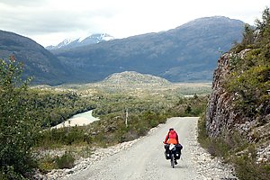 Sandra cycling on the Carretera Austral towards Villa O'Higgins.