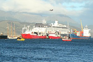 Ships in the port in Ushuaia. Bark Europa on the left looks tiny compared to the big cargo ships and cruiseliners.