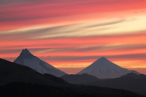 Volcanoes Puntiagudo and Osorno during the sunset.