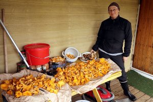Sandra showing some of the mushrooms we picked in Finland in September.