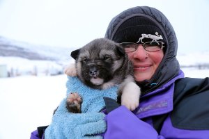 Sandra with the cute and stinky puppy.